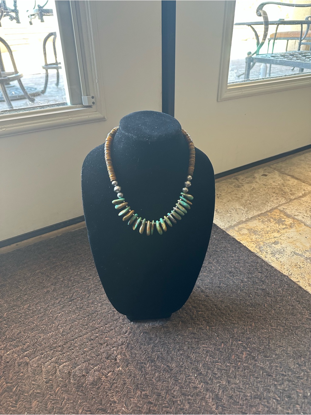 Hand Crafted Turquoise, Brown Shell & Sterling Silver Beaded Necklace